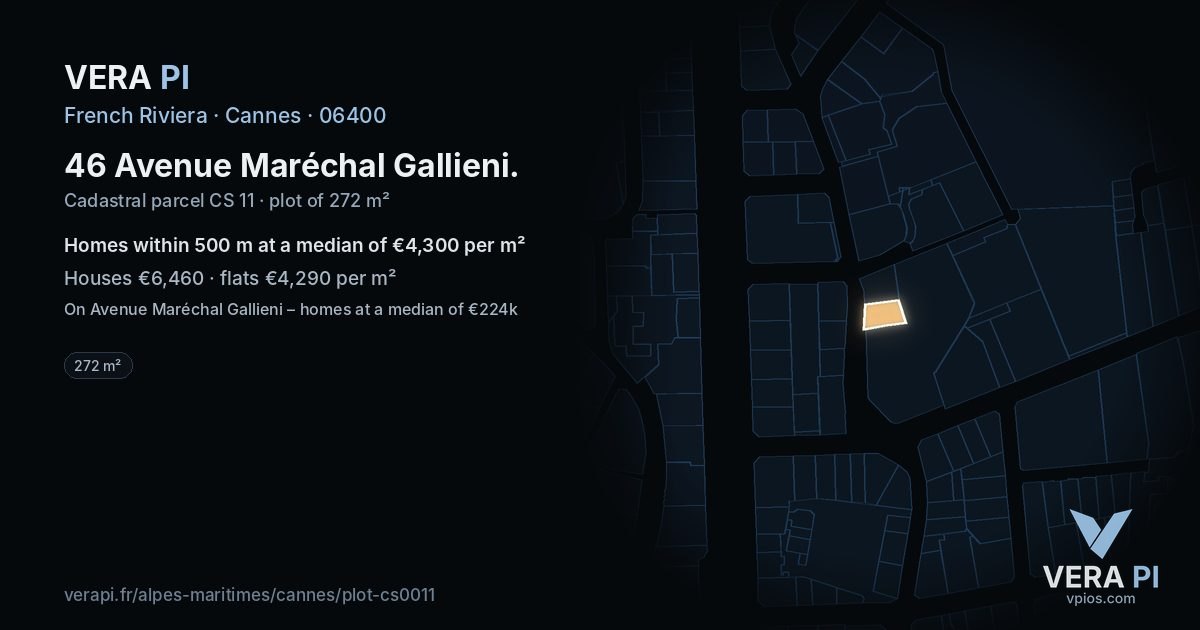 46 Avenue Maréchal Gallieni, Cannes at night – the plot lit, the parcels around coloured by the prices near them