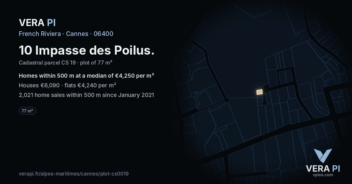 10 Impasse des Poilus, Cannes at night – the plot lit, the parcels around coloured by the prices near them