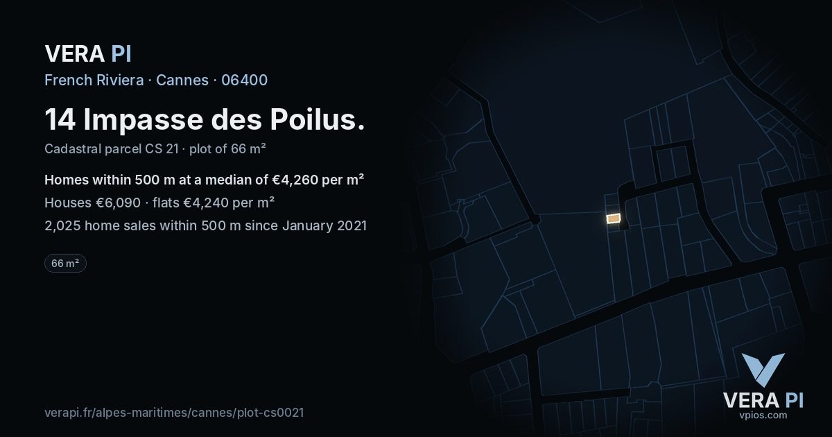 14 Impasse des Poilus, Cannes at night – the plot lit, the parcels around coloured by the prices near them