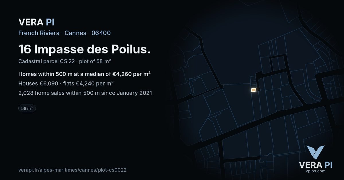 16 Impasse des Poilus, Cannes at night – the plot lit, the parcels around coloured by the prices near them