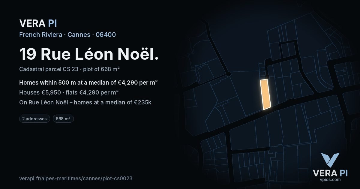 19 Rue Léon Noël, Cannes at night – the plot lit, the parcels around coloured by the prices near them