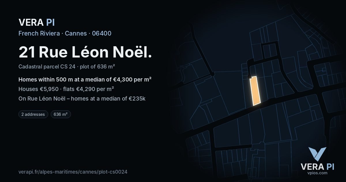 21 Rue Léon Noël, Cannes at night – the plot lit, the parcels around coloured by the prices near them