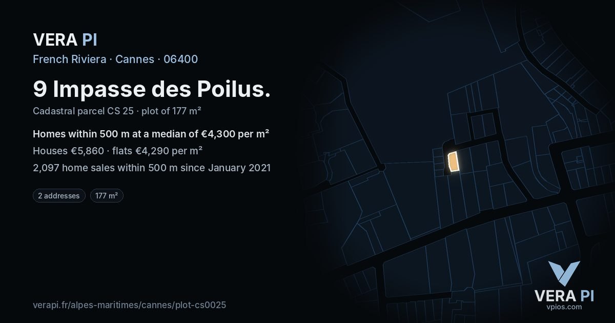 9 Impasse des Poilus, Cannes at night – the plot lit, the parcels around coloured by the prices near them