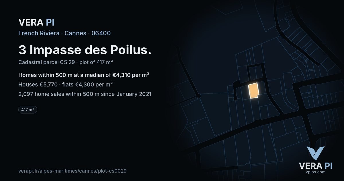 3 Impasse des Poilus, Cannes at night – the plot lit, the parcels around coloured by the prices near them