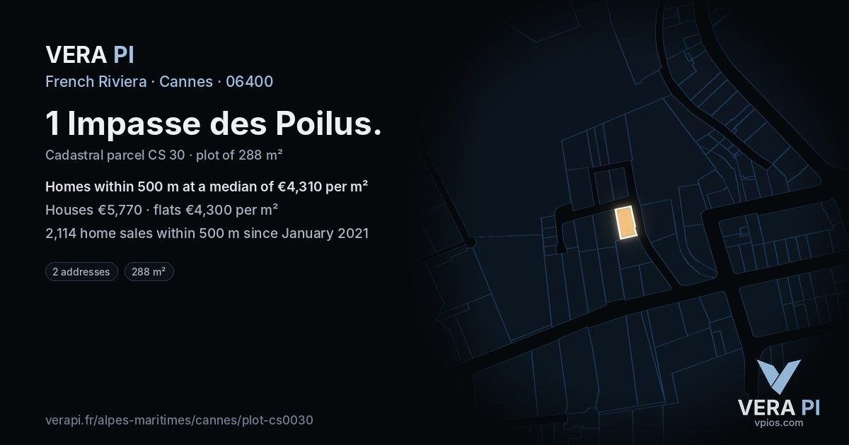 1 Impasse des Poilus, Cannes at night – the plot lit, the parcels around coloured by the prices near them