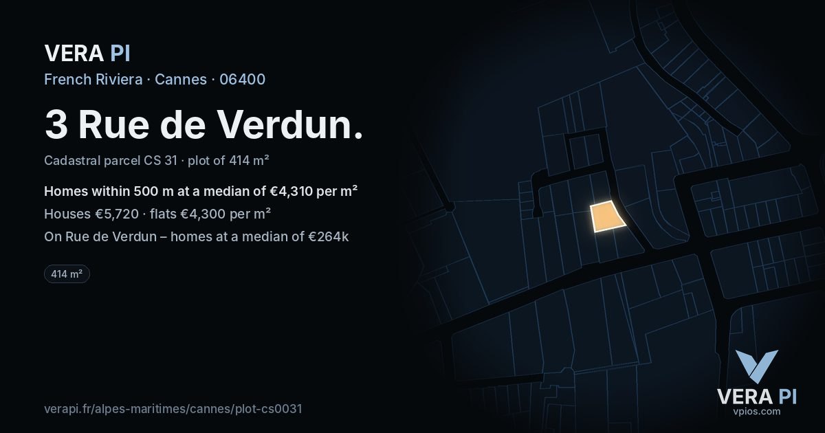 3 Rue de Verdun, Cannes at night – the plot lit, the parcels around coloured by the prices near them