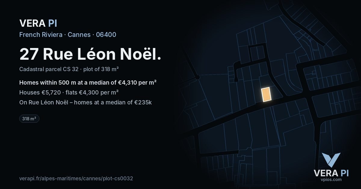 27 Rue Léon Noël, Cannes at night – the plot lit, the parcels around coloured by the prices near them