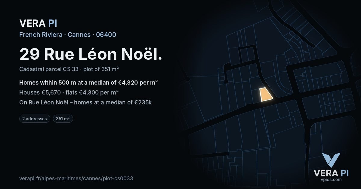 29 Rue Léon Noël, Cannes at night – the plot lit, the parcels around coloured by the prices near them