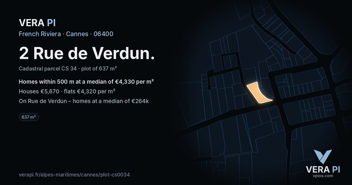2 Rue de Verdun, Cannes at night – the plot lit, the parcels around coloured by the prices near them