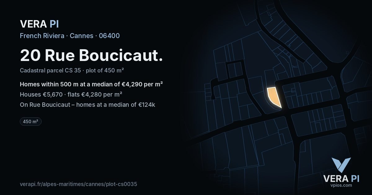 20 Rue Boucicaut, Cannes at night – the plot lit, the parcels around coloured by the prices near them