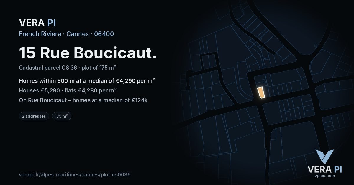 15 Rue Boucicaut, Cannes at night – the plot lit, the parcels around coloured by the prices near them