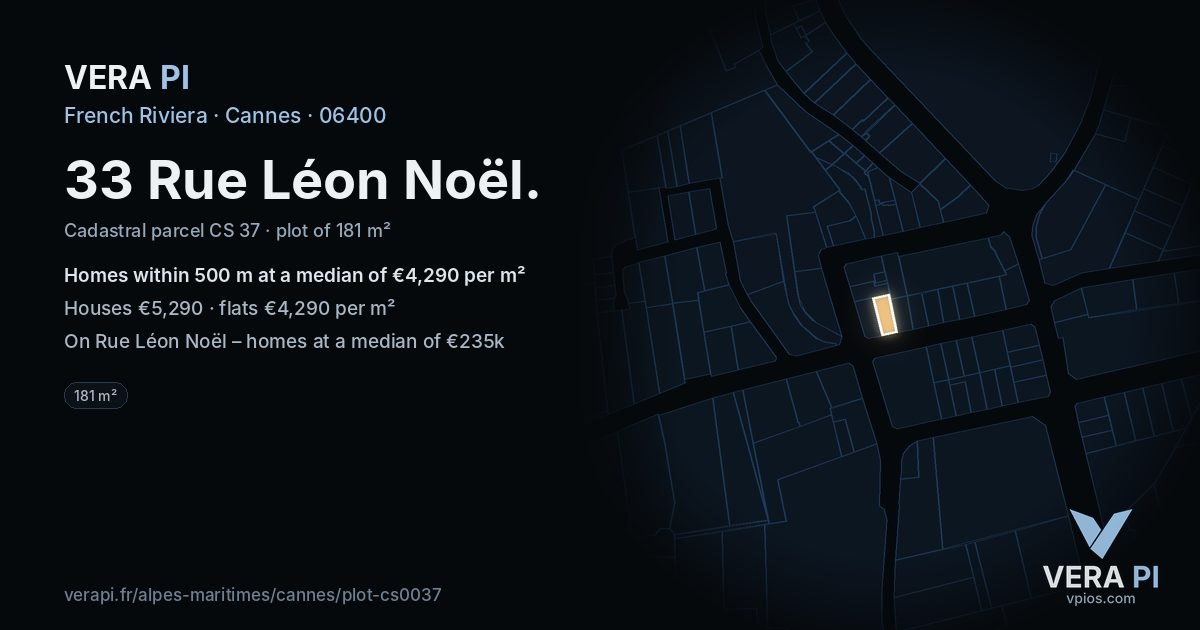 33 Rue Léon Noël, Cannes at night – the plot lit, the parcels around coloured by the prices near them