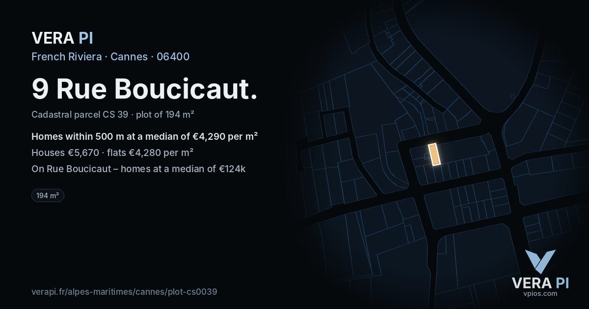 9 Rue Boucicaut, Cannes at night – the plot lit, the parcels around coloured by the prices near them