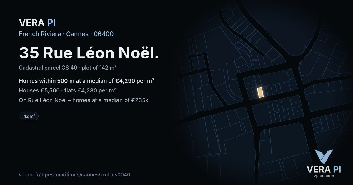 35 Rue Léon Noël, Cannes at night – the plot lit, the parcels around coloured by the prices near them