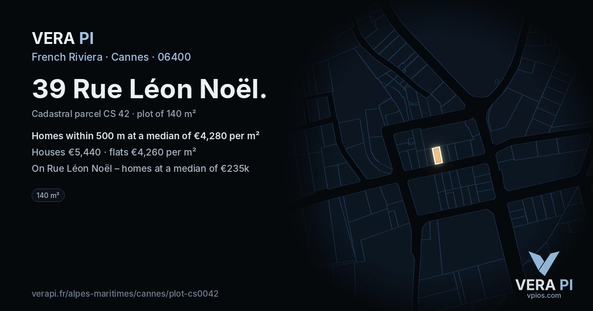 39 Rue Léon Noël, Cannes at night – the plot lit, the parcels around coloured by the prices near them