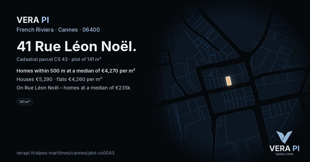 41 Rue Léon Noël, Cannes at night – the plot lit, the parcels around coloured by the prices near them