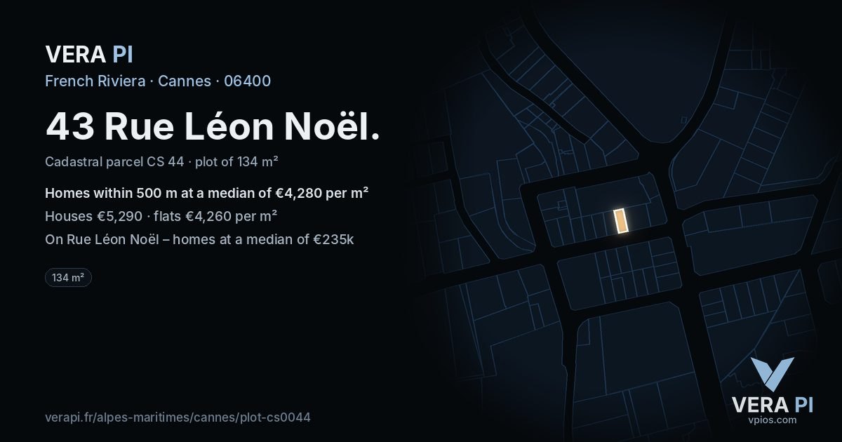 43 Rue Léon Noël, Cannes at night – the plot lit, the parcels around coloured by the prices near them
