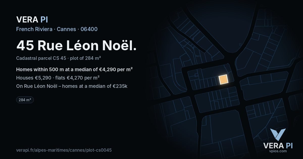 45 Rue Léon Noël, Cannes at night – the plot lit, the parcels around coloured by the prices near them