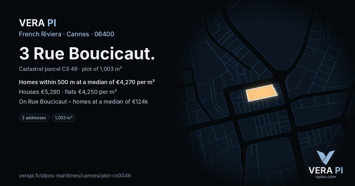 3 Rue Boucicaut, Cannes at night – the plot lit, the parcels around coloured by the prices near them