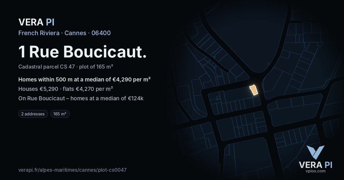 1 Rue Boucicaut, Cannes at night – the plot lit, the parcels around coloured by the prices near them