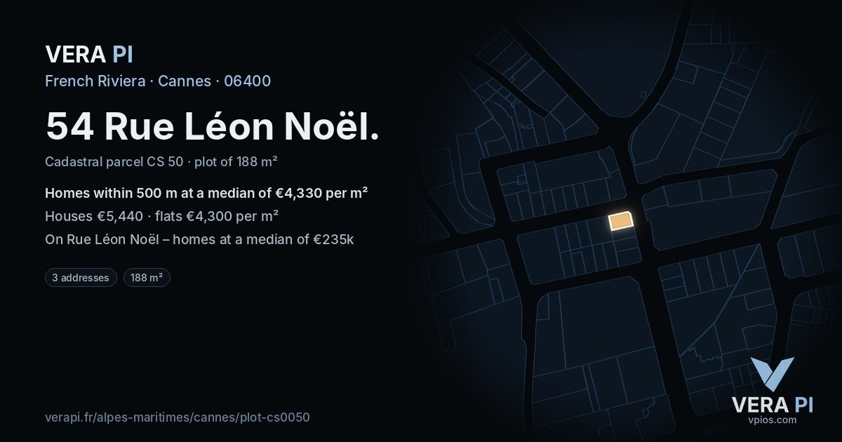 54 Rue Léon Noël, Cannes at night – the plot lit, the parcels around coloured by the prices near them