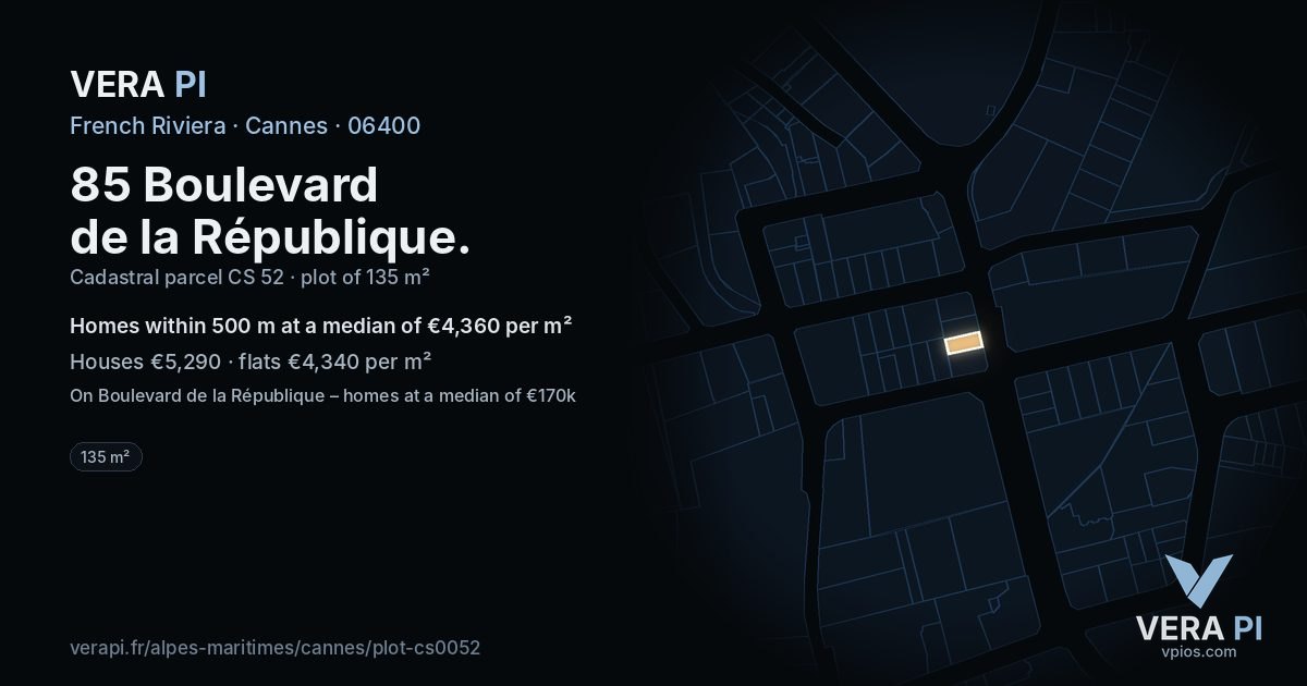 85 Boulevard de la République, Cannes at night – the plot lit, the parcels around coloured by the prices near them