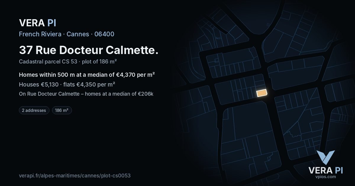 37 Rue Docteur Calmette, Cannes at night – the plot lit, the parcels around coloured by the prices near them