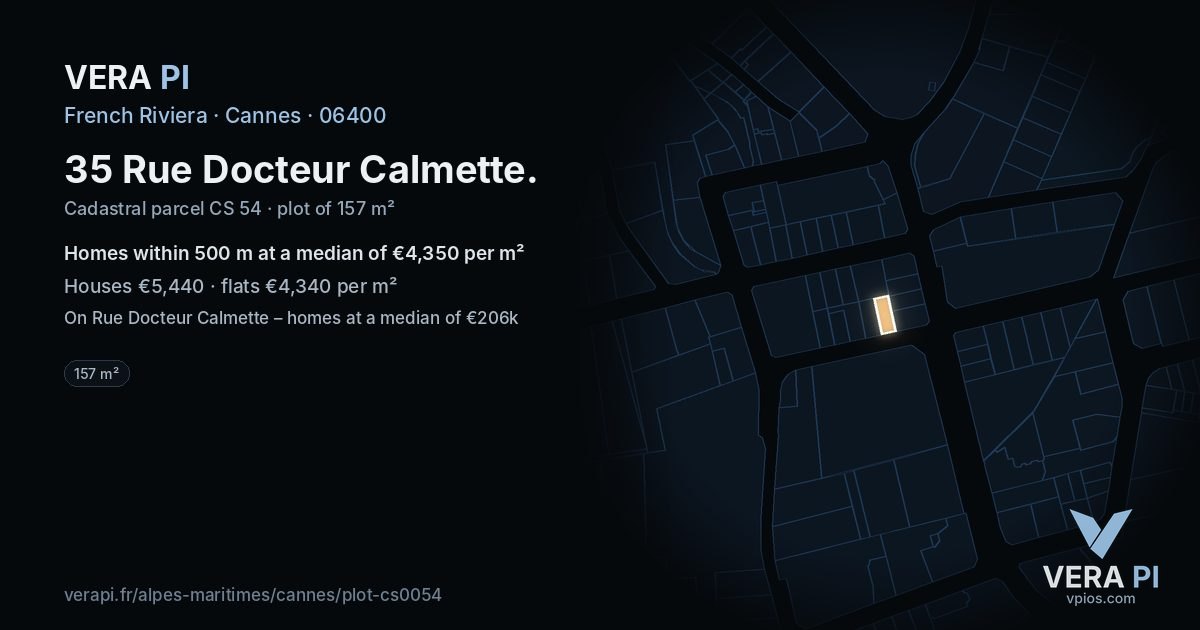 35 Rue Docteur Calmette, Cannes at night – the plot lit, the parcels around coloured by the prices near them