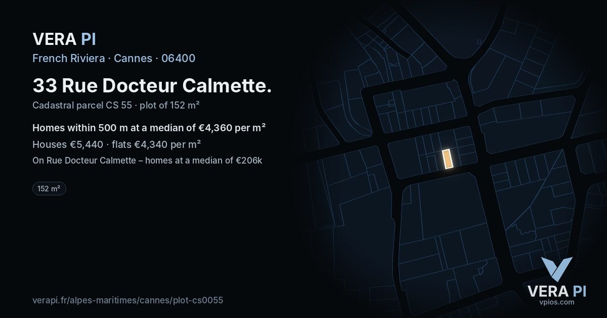 33 Rue Docteur Calmette, Cannes at night – the plot lit, the parcels around coloured by the prices near them