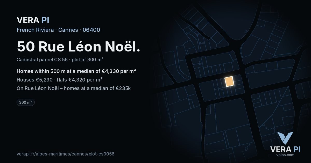 50 Rue Léon Noël, Cannes at night – the plot lit, the parcels around coloured by the prices near them