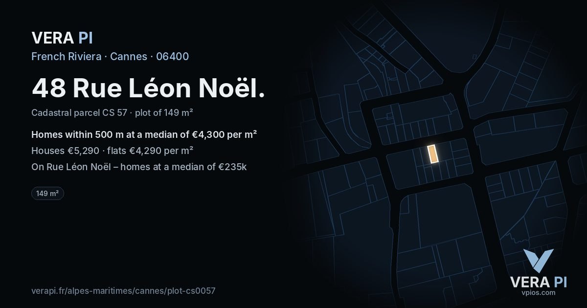 48 Rue Léon Noël, Cannes at night – the plot lit, the parcels around coloured by the prices near them