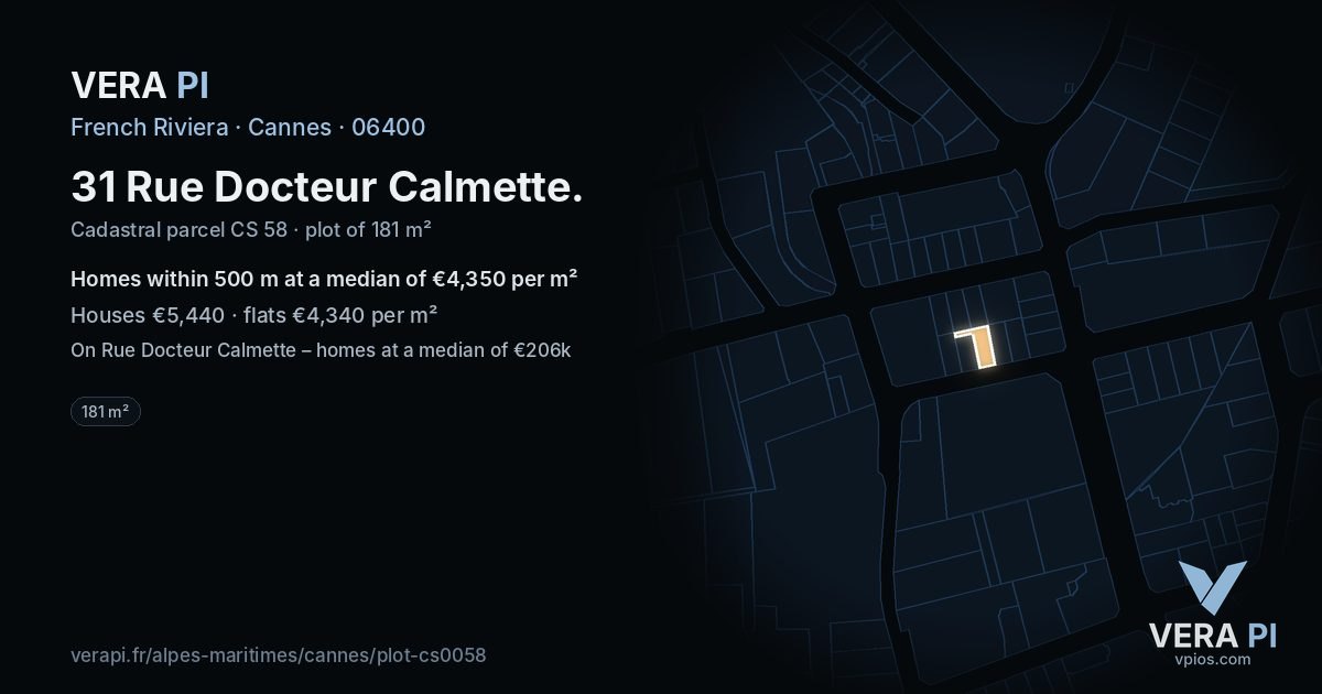 31 Rue Docteur Calmette, Cannes at night – the plot lit, the parcels around coloured by the prices near them