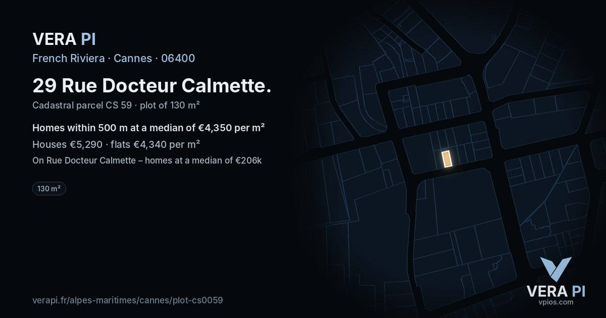 29 Rue Docteur Calmette, Cannes at night – the plot lit, the parcels around coloured by the prices near them