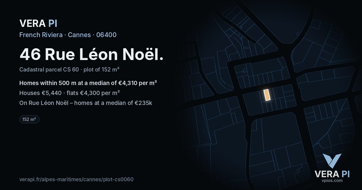 46 Rue Léon Noël, Cannes at night – the plot lit, the parcels around coloured by the prices near them