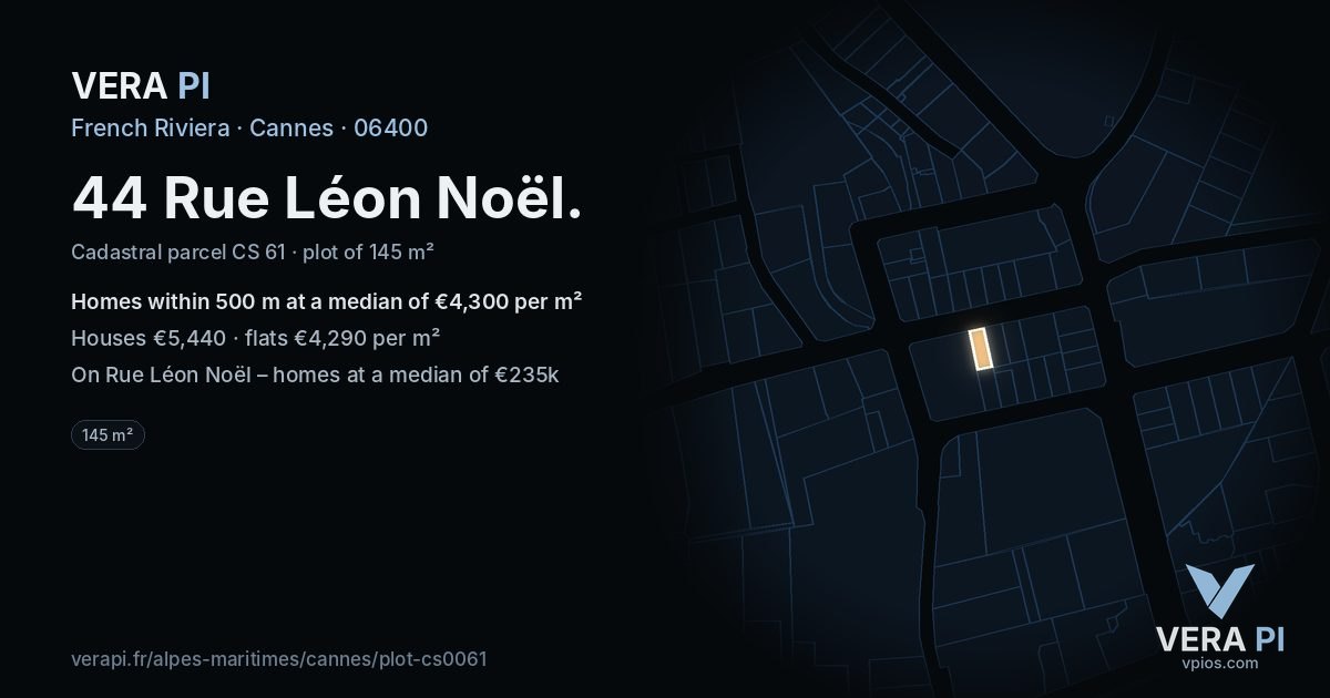 44 Rue Léon Noël, Cannes at night – the plot lit, the parcels around coloured by the prices near them