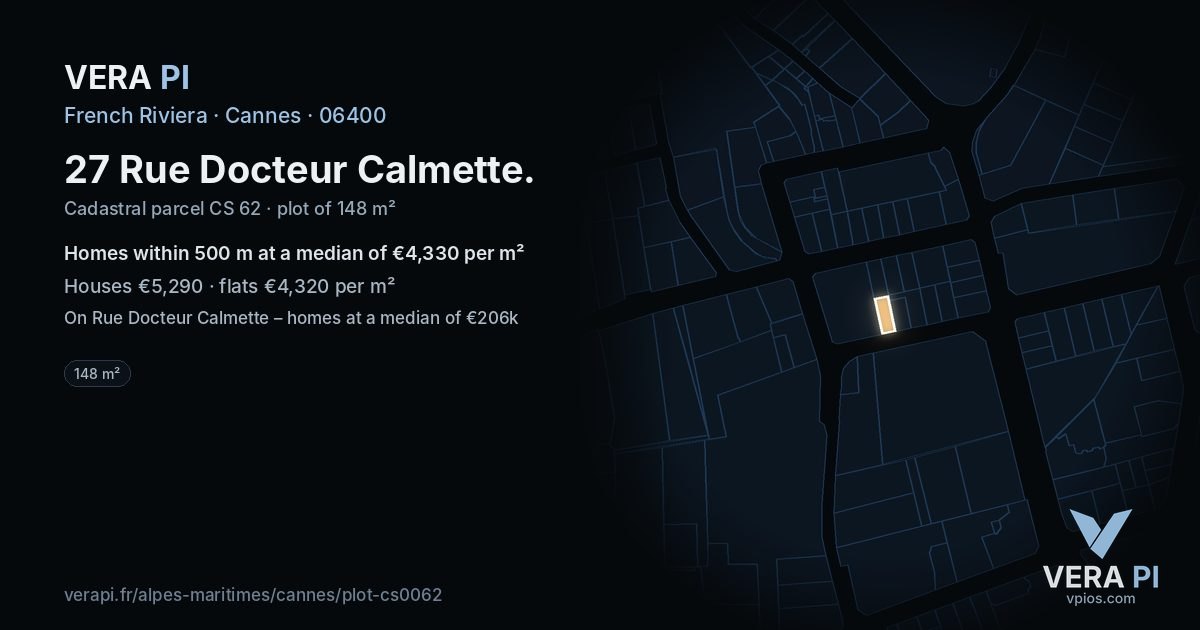 27 Rue Docteur Calmette, Cannes at night – the plot lit, the parcels around coloured by the prices near them