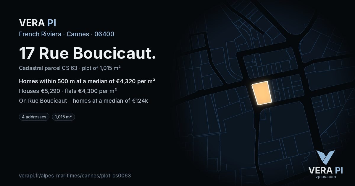 17 Rue Boucicaut, Cannes at night – the plot lit, the parcels around coloured by the prices near them