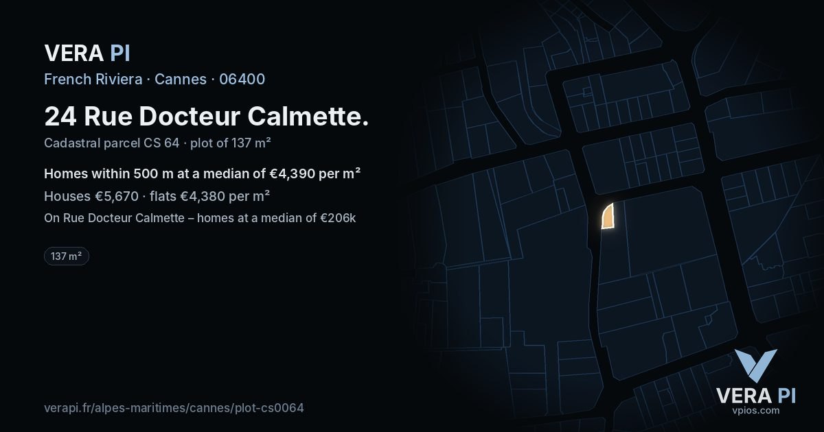 24 Rue Docteur Calmette, Cannes at night – the plot lit, the parcels around coloured by the prices near them