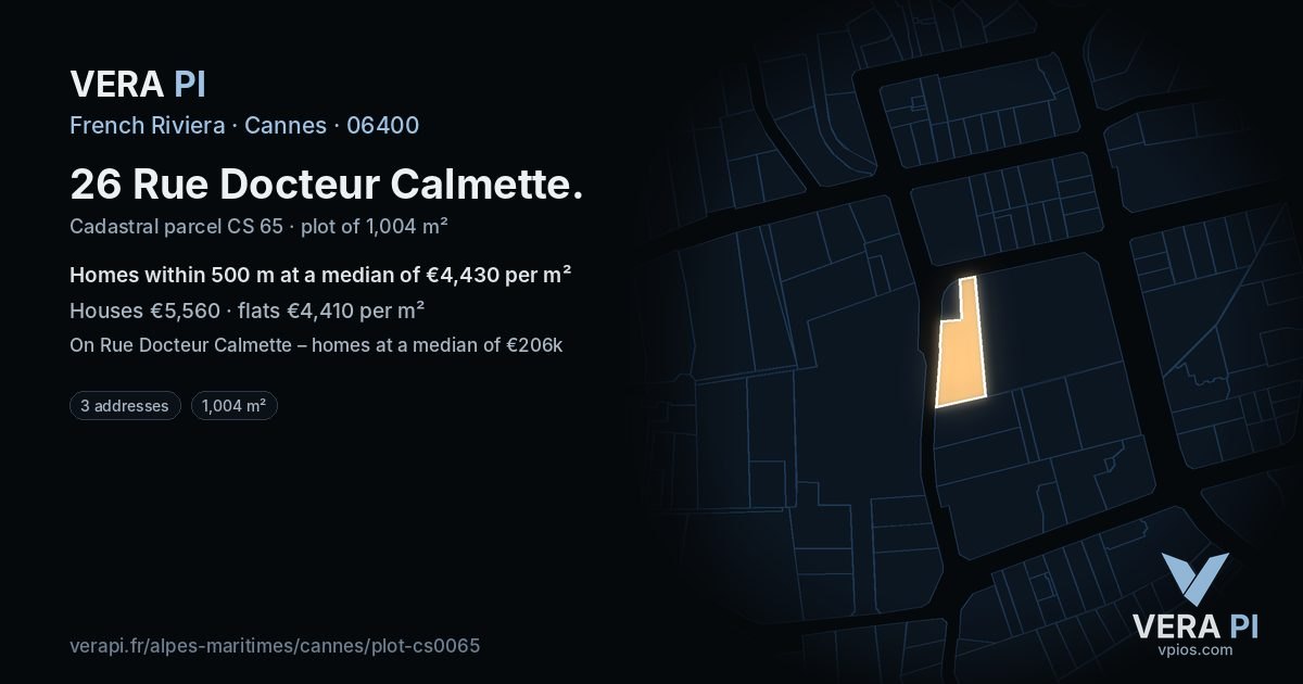 26 Rue Docteur Calmette, Cannes at night – the plot lit, the parcels around coloured by the prices near them