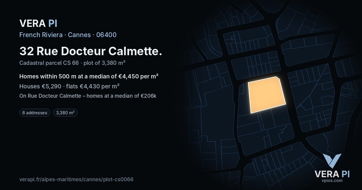 32 Rue Docteur Calmette, Cannes at night – the plot lit, the parcels around coloured by the prices near them