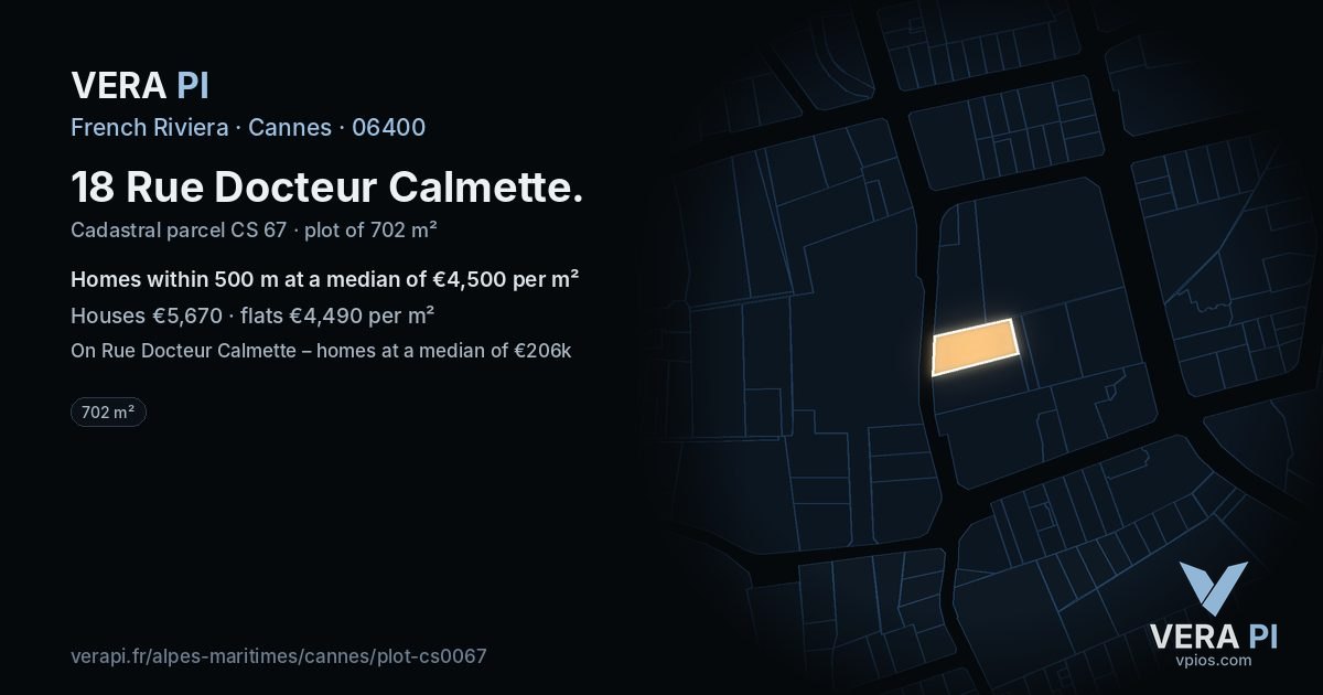18 Rue Docteur Calmette, Cannes at night – the plot lit, the parcels around coloured by the prices near them