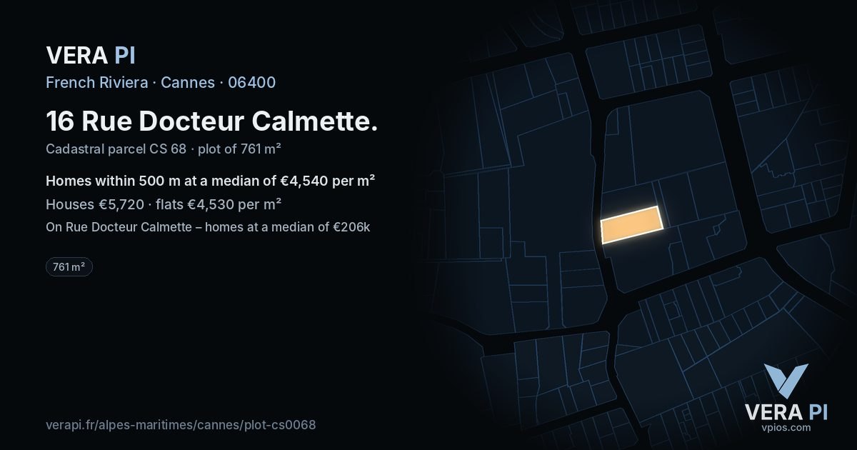 16 Rue Docteur Calmette, Cannes at night – the plot lit, the parcels around coloured by the prices near them