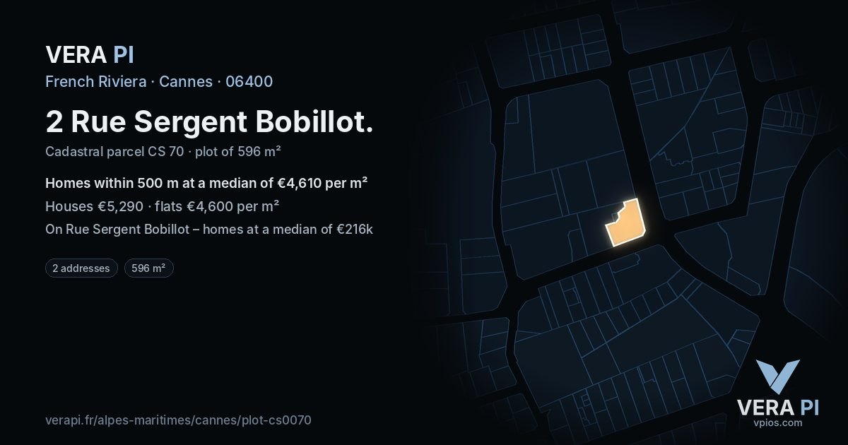 2 Rue Sergent Bobillot, Cannes at night – the plot lit, the parcels around coloured by the prices near them