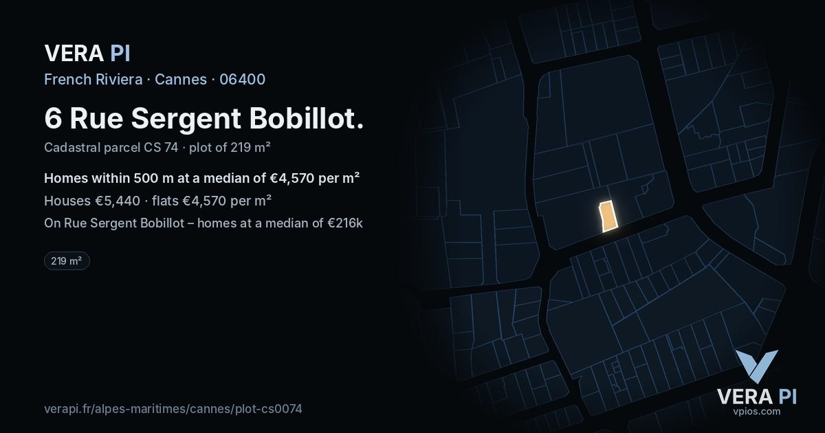 6 Rue Sergent Bobillot, Cannes at night – the plot lit, the parcels around coloured by the prices near them