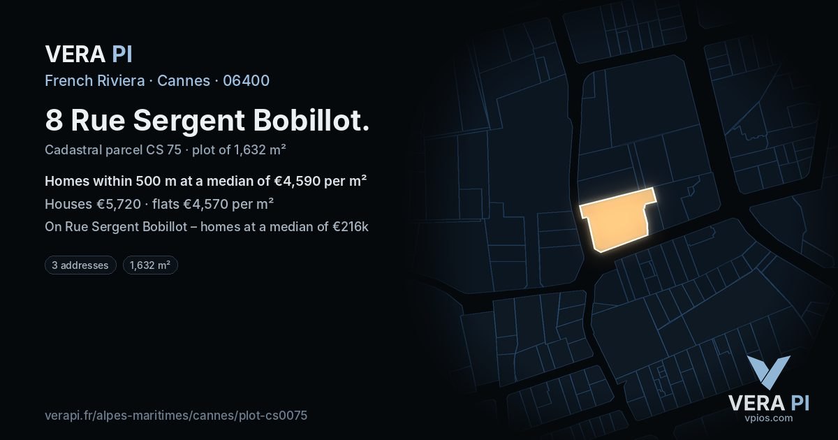 8 Rue Sergent Bobillot, Cannes at night – the plot lit, the parcels around coloured by the prices near them