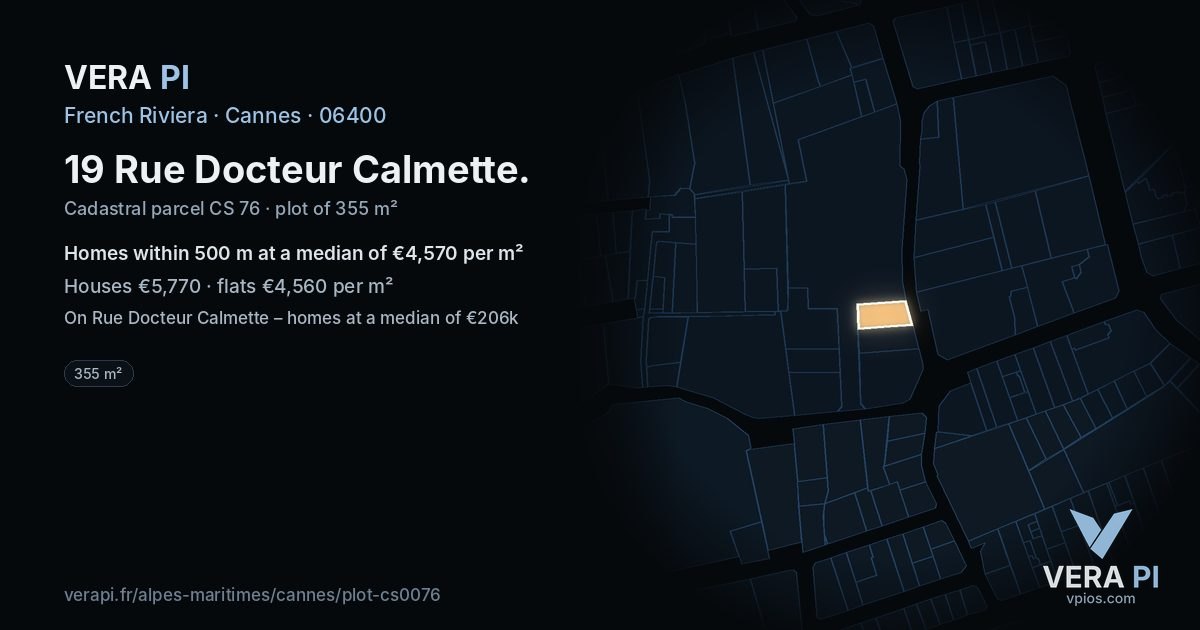 19 Rue Docteur Calmette, Cannes at night – the plot lit, the parcels around coloured by the prices near them