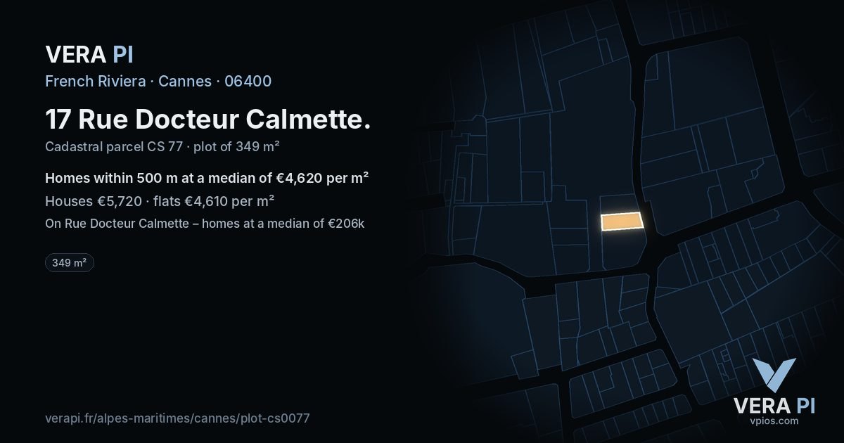 17 Rue Docteur Calmette, Cannes at night – the plot lit, the parcels around coloured by the prices near them