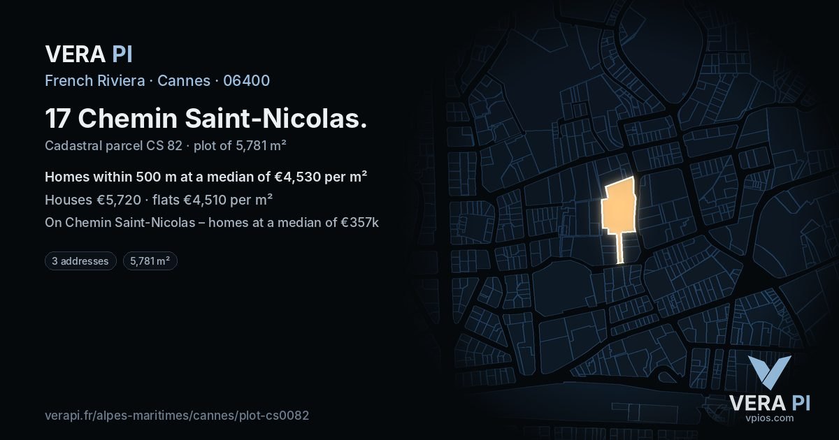 17 Chemin Saint-Nicolas, Cannes at night – the plot lit, the parcels around coloured by the prices near them