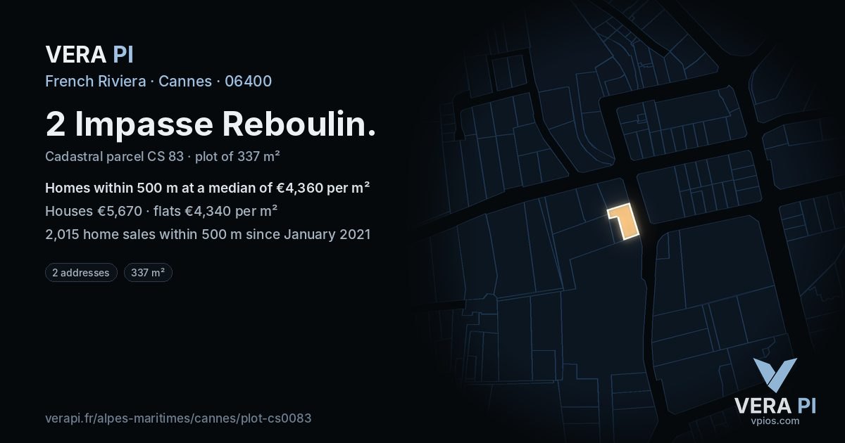 2 Impasse Reboulin, Cannes at night – the plot lit, the parcels around coloured by the prices near them