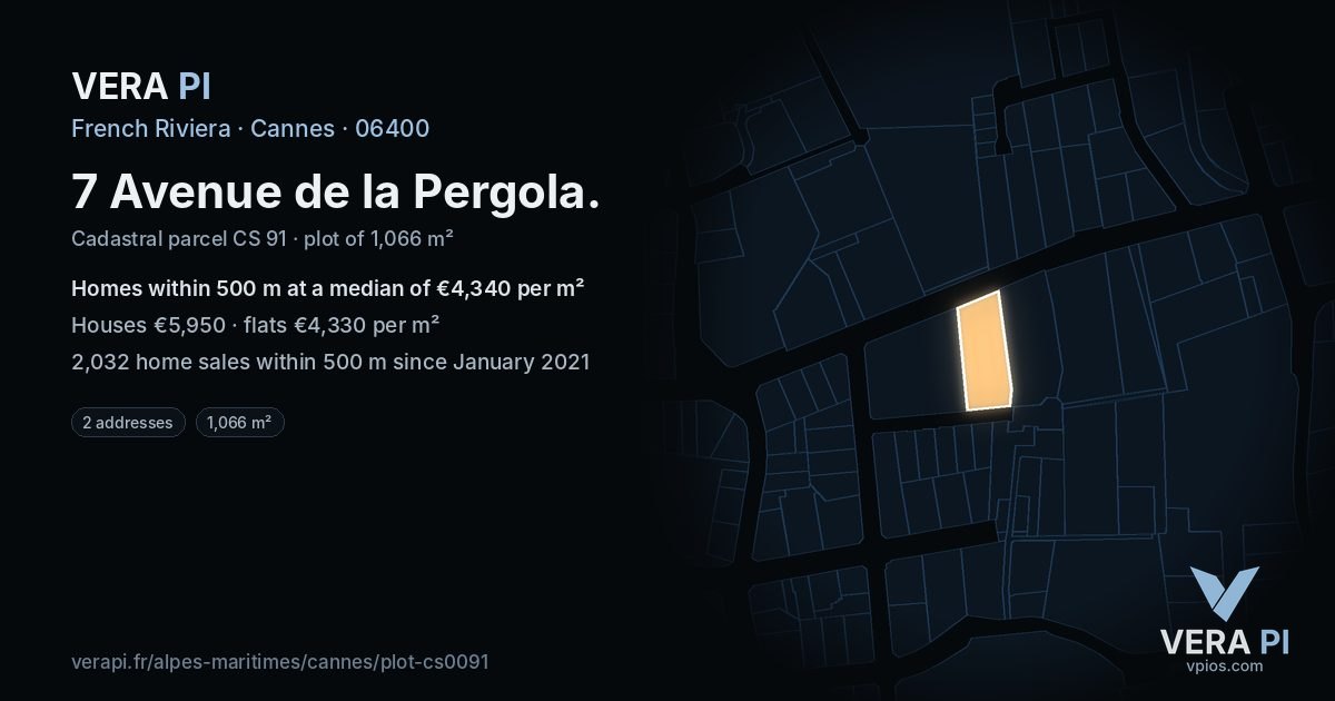 7 Avenue de la Pergola, Cannes at night – the plot lit, the parcels around coloured by the prices near them